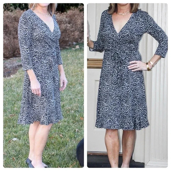 LEOTA | Grey and Black Cheetah Print Ruffled Hem V-Neck Jersey Midi Dress Size M - Picture 2 of 8